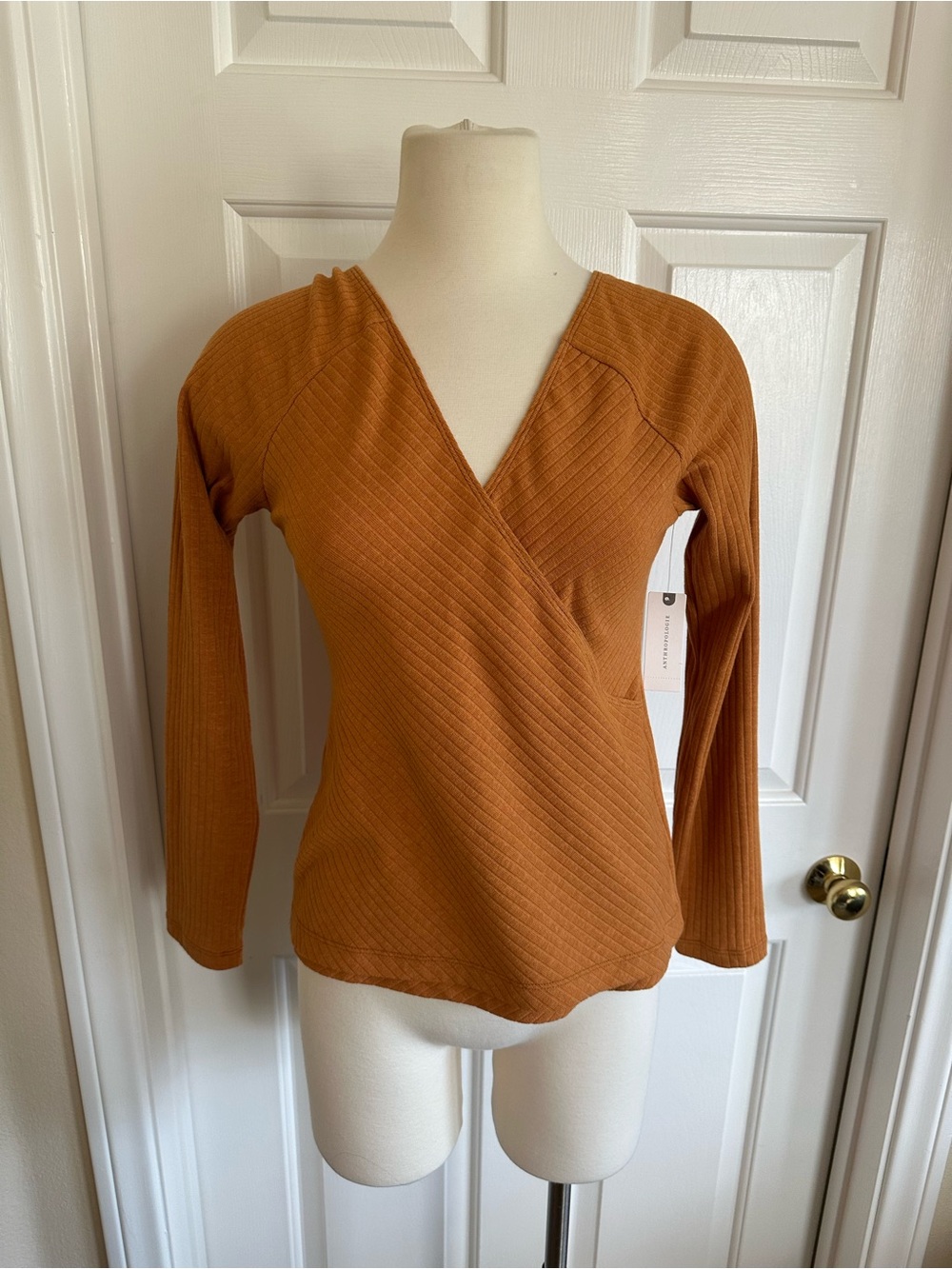 Anthropologie Ribbed Wrap-Front Sweater in Rust Orange
